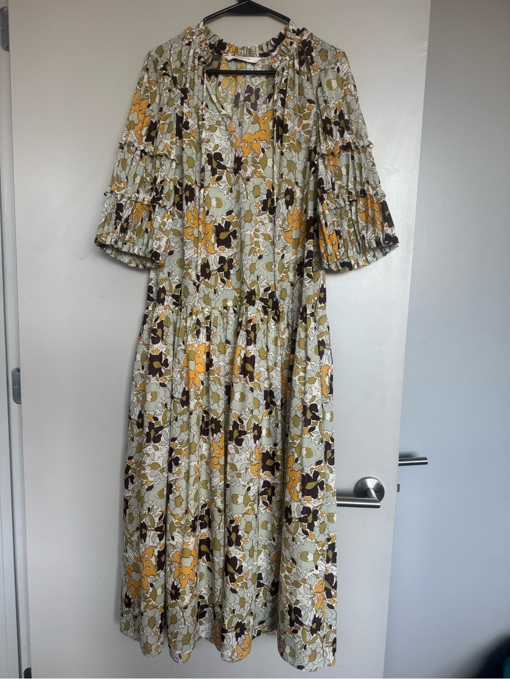 Rebecca Taylor Passion Flower Puff Sleeve Dress in Green Yellow Brown Medium - Picture 2 of 4